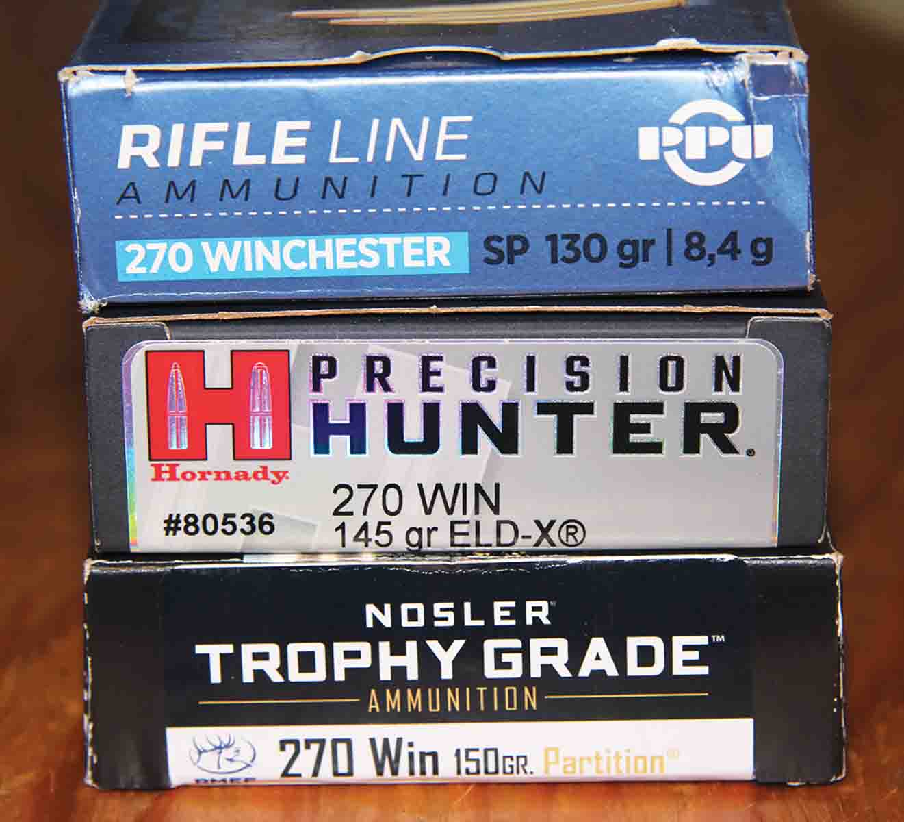 Factory ammunition tested in the Mauser M18 Savanna included, top to bottom, PPU’s Rifle Line 130-grain softpoint, Hornady’s Precision Hunter 145-grain ELD-X and Nosler’s Trophy Grade 150-grain Partition.
